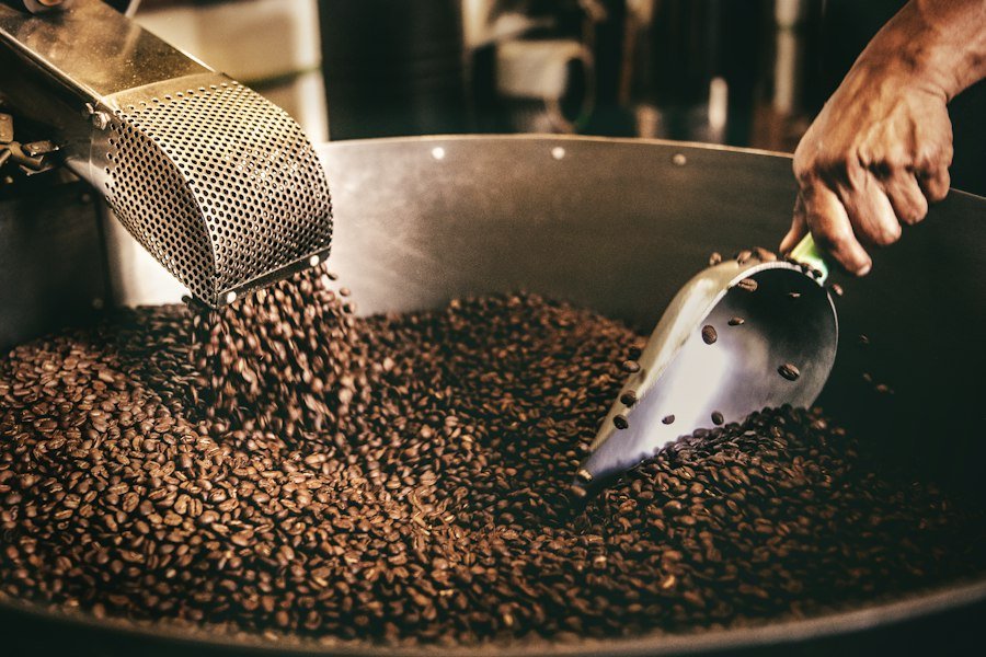 Grains de café remués à la sortie du torréfacteur